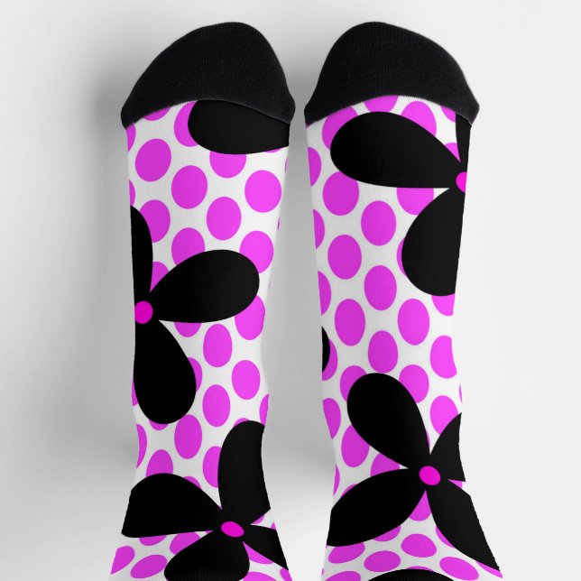Pink Polka Dot Black Retro Blume Crazy Socken (Oben)