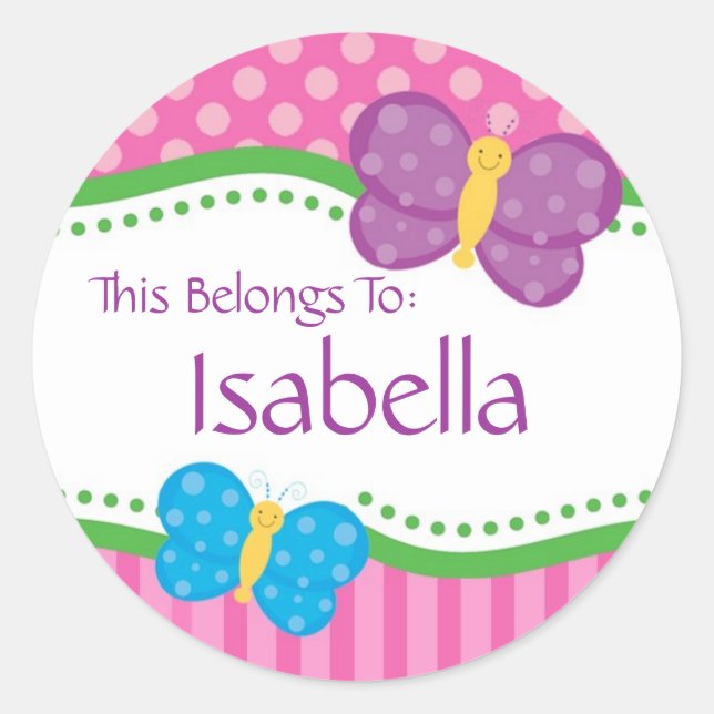 Pink Polka Dot Butterfly Zurück zu Schulklappen Runder Aufkleber (Vorderseite)