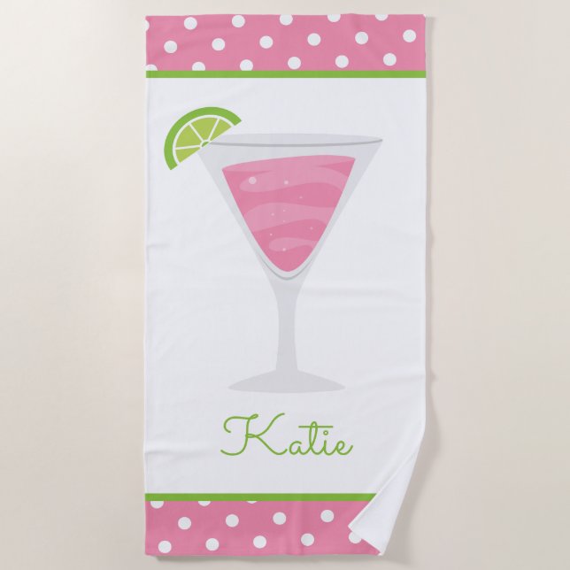 Pink Polka Dot Cocktail Personalisiert Strand Hand Strandtuch (Vorderseite)