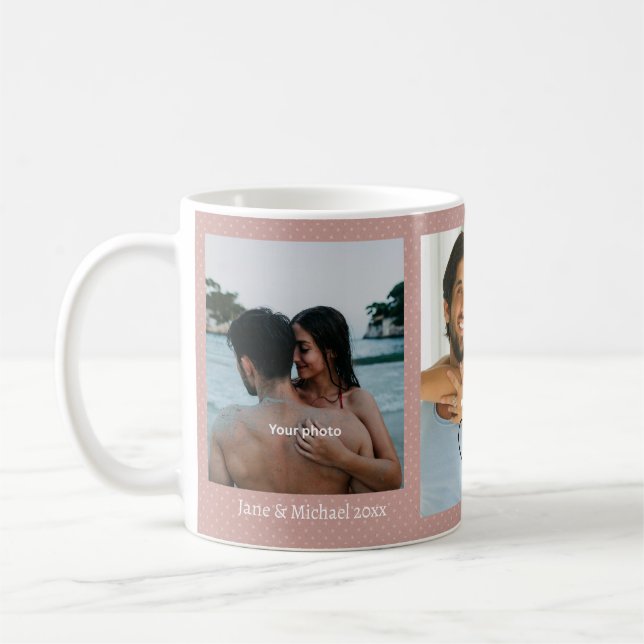 Pink Polka Dot Couple Photo Pink Love Hearts Mug Kaffeetasse (Links)