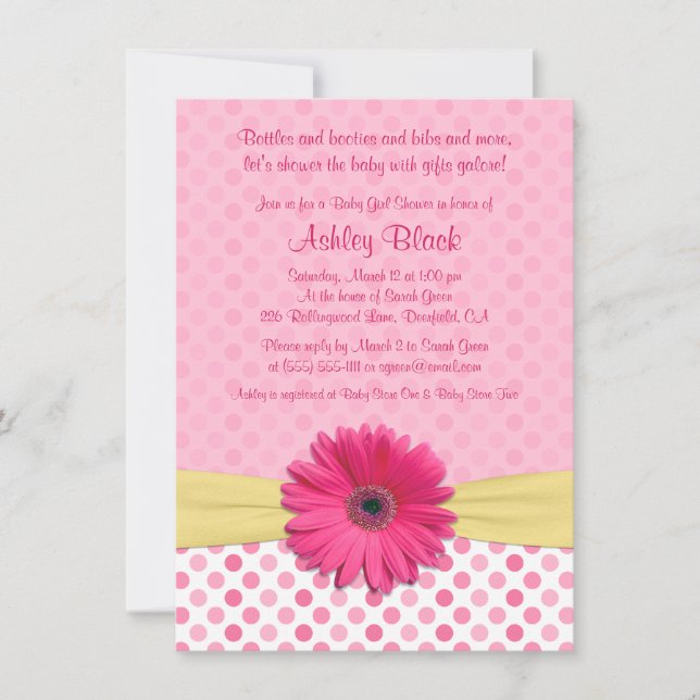 Pink Polka Dot Gerber Daisy Baby Shower Einladung (Vorderseite)