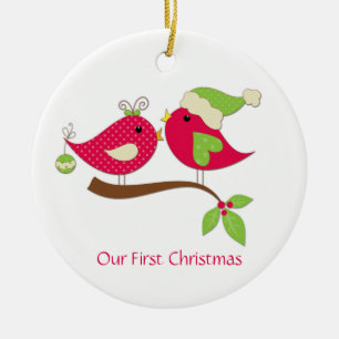 Pink Polka Dot Love Birds on Holly Keramik Ornament