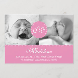 Pink Polka Dot mit Monogram Birth Ankündigung