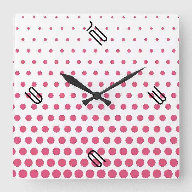 Pink Polka Dot Modern White Quadratische Wanduhr (Vorderseite)