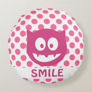 Pink Polka Dot Monster SMILE Rundes Kissen