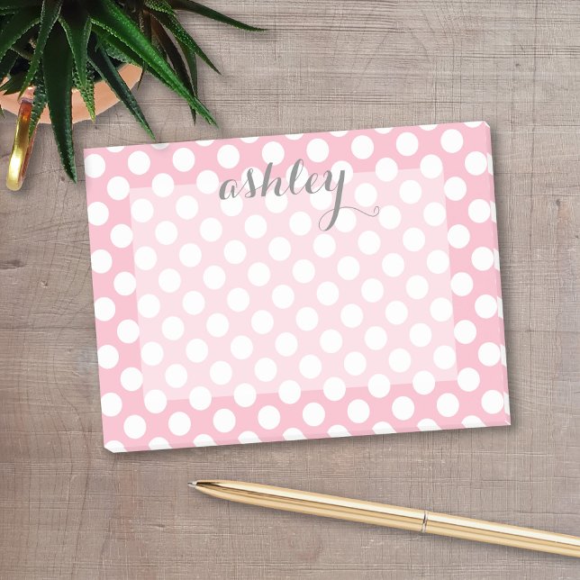 Pink Polka Dot Muster mit grauem Skriptnamen Post-it Klebezettel (Personalized post-it notes with a monogram and contact information - low quantity available)