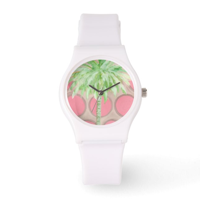 Pink Polka Dot Palm Tree Watch Armbanduhr (Vorderseite)
