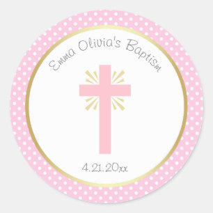 Pink Polka Dot Taufe mit Cross und Gold Border Runder Aufkleber