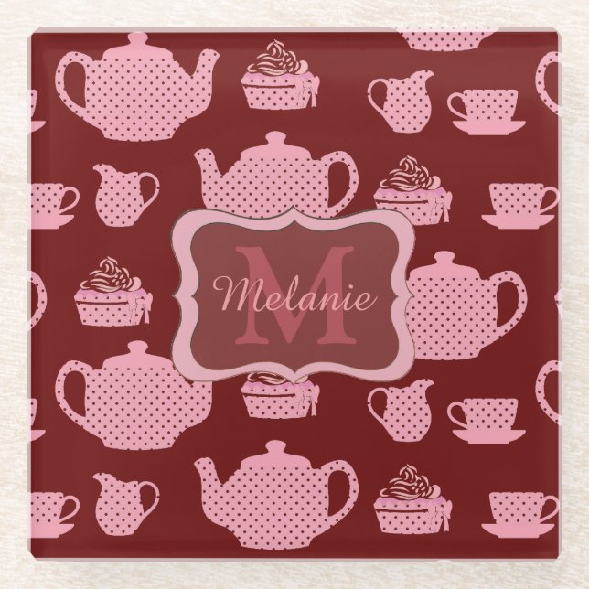 Pink Polka Dot Tea Set auf Burgund Personalisiert Glasuntersetzer (Vorderseite)