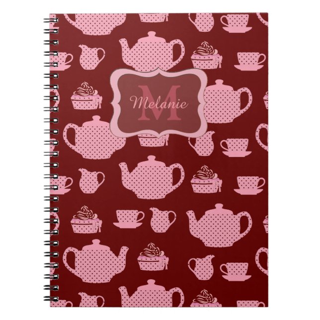 Pink Polka Dot Tea Set auf Burgund Personalisiert Notizblock (Vorderseite)