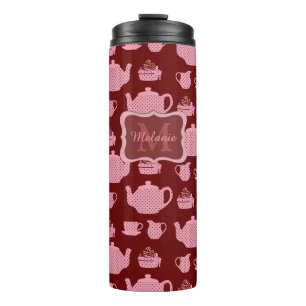 Pink Polka Dot Tea Set auf Burgund Personalisiert Thermosbecher