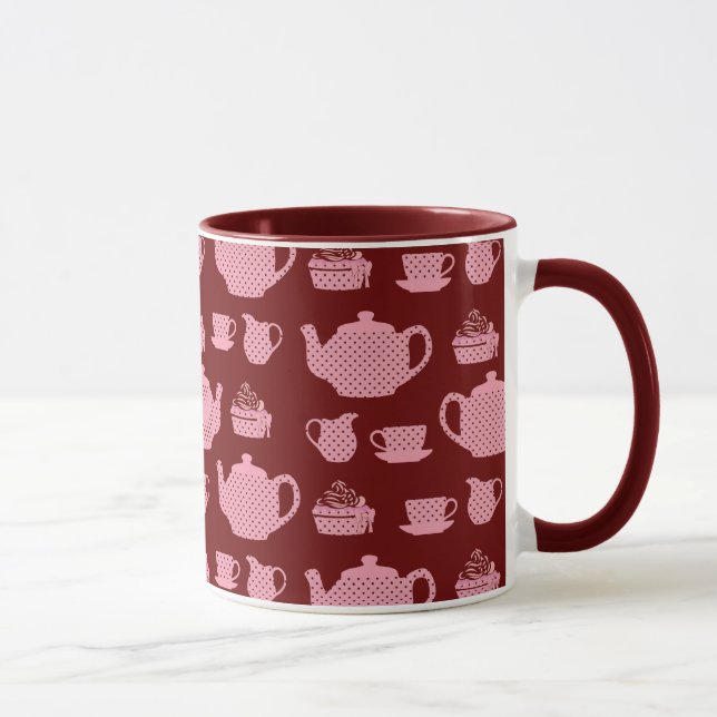 Pink Polka Dot Tea Set auf Burgund Tasse (Rechts)