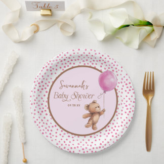 Pink Polka Dot Teddy Bear Babydusche Papierplatte Pappteller