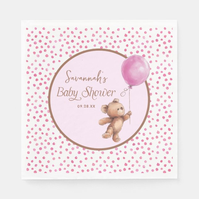Pink Polka Dot Teddy Bear Balloon Babydusche Serviette (Vorderseite)
