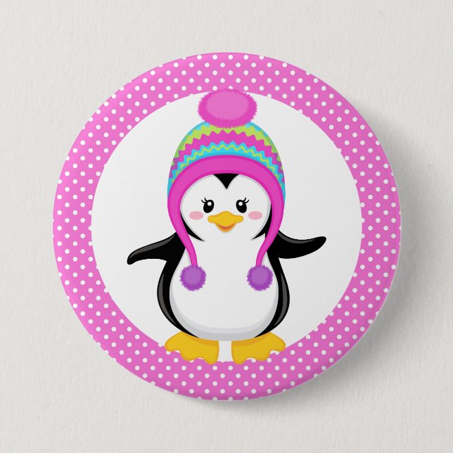 Pink Polka Dot Winter Pinguin Girl Button (Vorderseite)