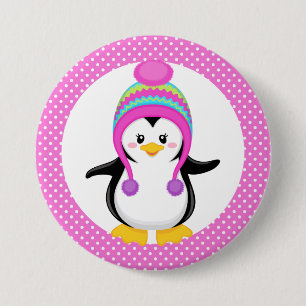 Pink Polka Dot Winter Pinguin Girl Button