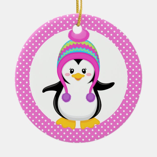 Pink Polka Dot Winter Pinguin Girl Keramik Ornament (Vorne)