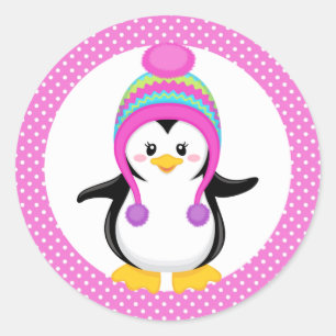 Pink Polka Dot Winter Pinguin Girl Runder Aufkleber