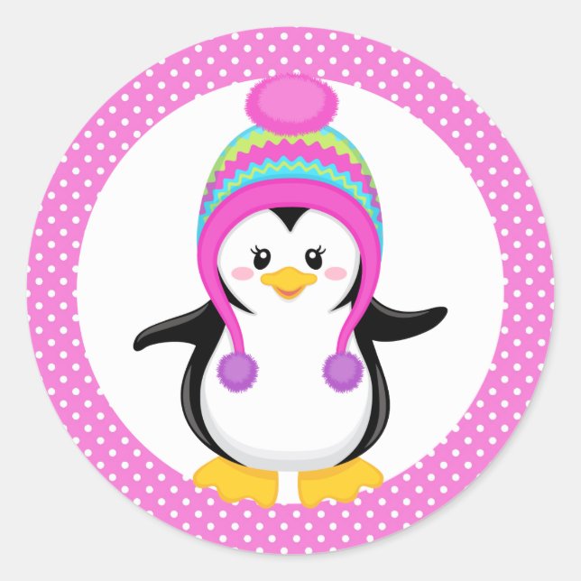 Pink Polka Dot Winter Pinguin Girl Runder Aufkleber (Vorderseite)