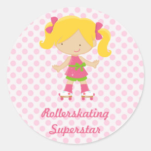 Pink Polka Dots Blonde Rollerskating Superstar Sti Runder Aufkleber