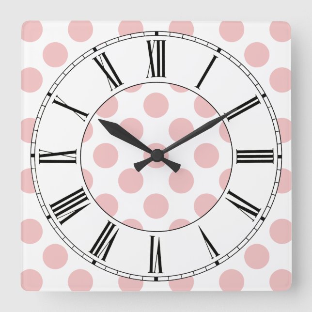 Pink Polka Dots Girly Quadratische Wanduhr (Vorderseite)