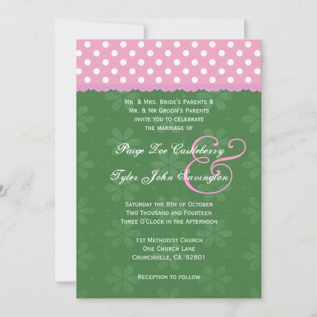 Pink Polka Dots Green und Ribbon Edge Wedding Einladung (Vorderseite)
