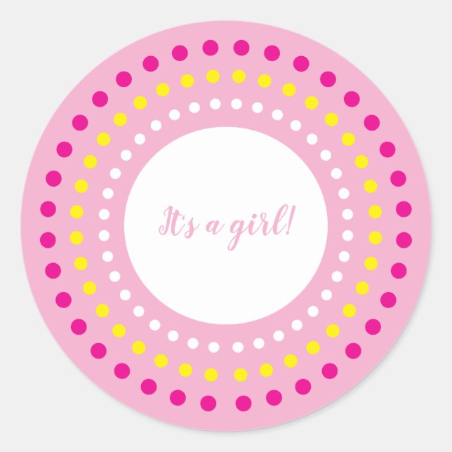 Pink Polka Dots "It's a Girl!" Gender Reveal Runder Aufkleber (Vorderseite)