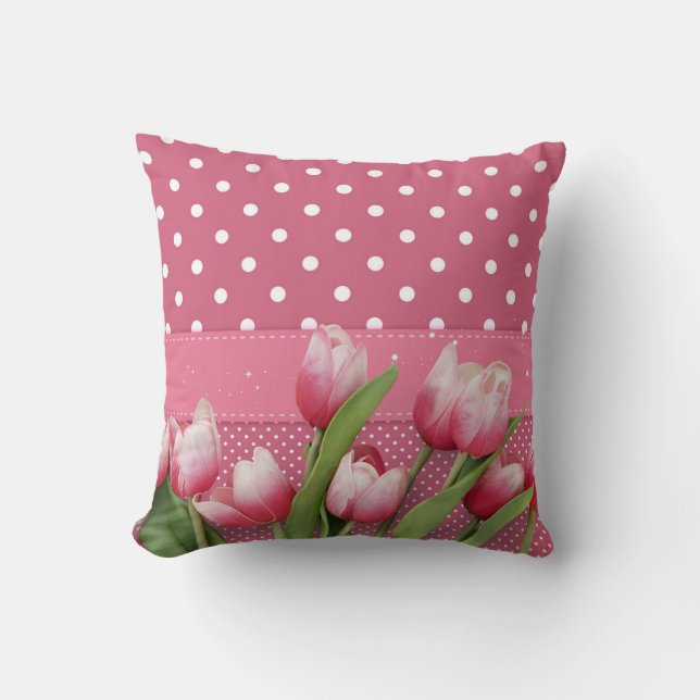 Pink Polka Dots mit Hübschen rosa Tulpen, Kissen (Vorderseite)