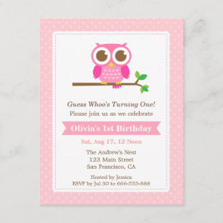 Pink Polka Dots Niedlich Owl Geburtstagsparty Einladung
