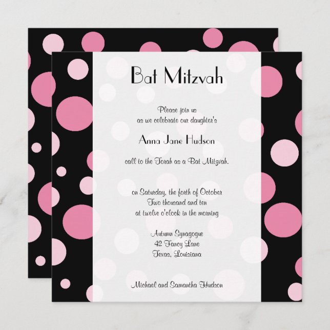 Pink Polka Dots, Polka Dot Pattern, Bat Mitzvah Einladung (Vorne/Hinten)