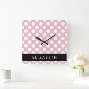 Pink Polka Dots, Polka Dot Pattern, Ihr Name Quadratische Wanduhr