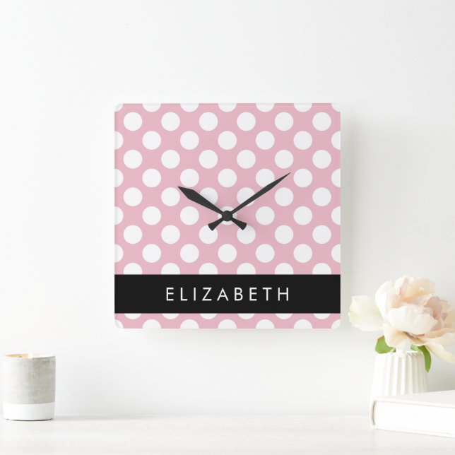 Pink Polka Dots, Polka Dot Pattern, Ihr Name Quadratische Wanduhr (Zuhause)