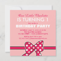 Pink Polka Dots Ribbon Geburtstagseinladung für Ki