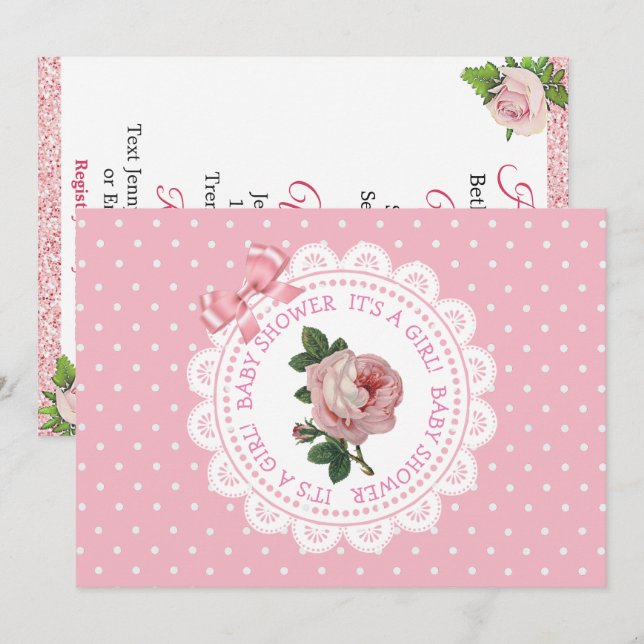 Pink Polka Dots Rose Girl's Baby Shower Einladung (Vorne/Hinten)