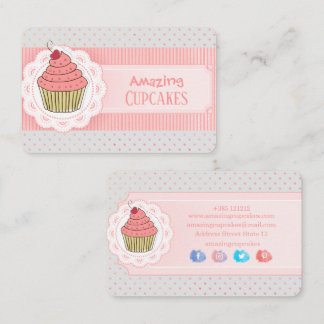 Pink Polka Dots Stripes Cupcake Visitenkarte