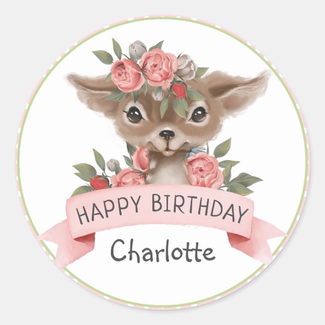 Pink Polka Dots Woodland Deer Birthday for Girl Runder Aufkleber (Vorderseite)