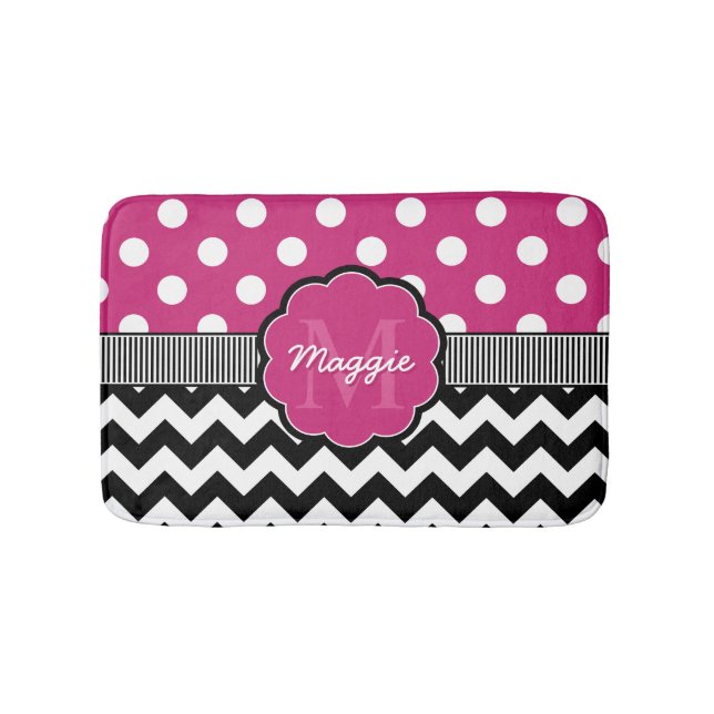 Pink Polka Dots Zickzack Monogramm Badematte (Vorderseite)