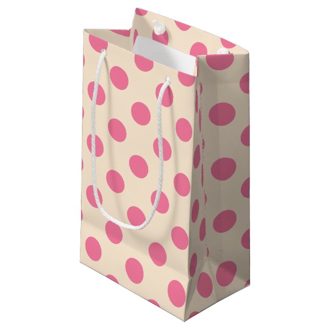 Pink Polka Punkte auf creme kleine Geschenktüte (Vorderseite Schrägansicht)