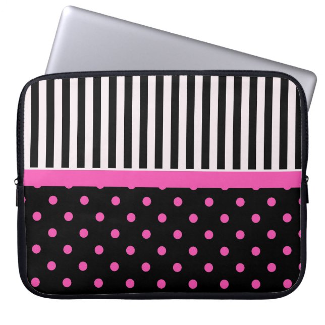 Pink-Polka-Punkte und B&W-Streifen Laptopschutzhülle (Vorderseite)