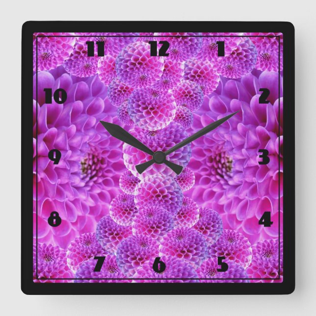 Pink PomPom Dahlia Blume Quadratische Wanduhr (Vorderseite)