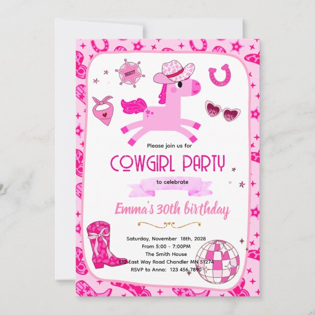 Pink Pony cowgirl party invitation Einladung (Vorderseite)