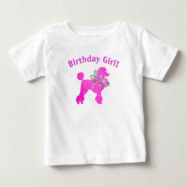 Pink Poodle Birthday Girl Personalisierter T - Shi Baby T-shirt (Vorderseite)