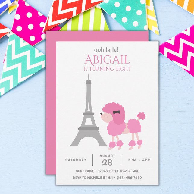 Pink Poodle Eiffel Tower Adorable Birthday Party Einladung (Von Creator hochgeladen)