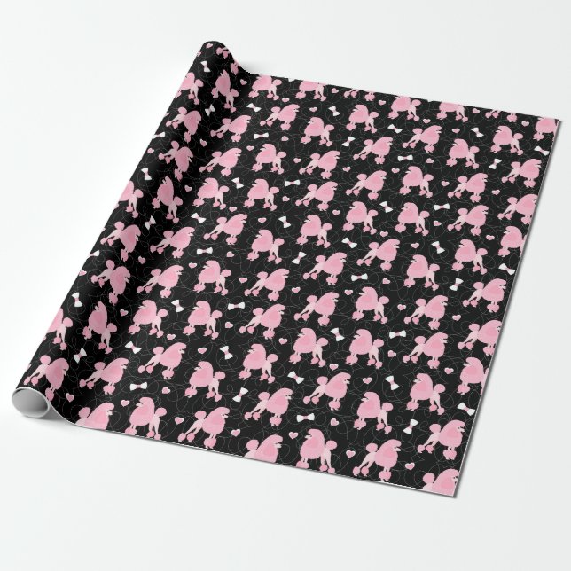 Pink Poodles und Bows Muster Schwarz Geschenkpapier (Ungerollt)