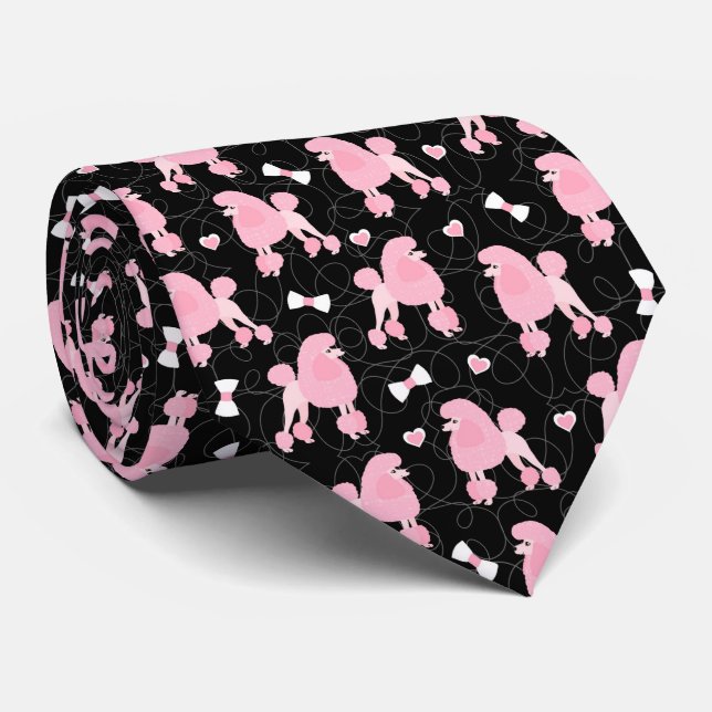 Pink Poodles und Bows Muster Schwarz Krawatte (Gerollt)