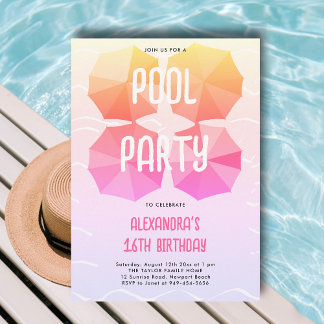 Pink Pool Geburtstagsparty Umbrellas Cool Sweet 16 Einladung