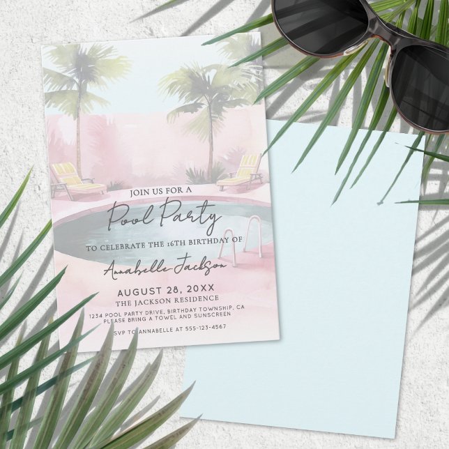 Pink Pool Party 16. Geburtstag Einladung (Pink Pool Party 16th Birthday Invitation)