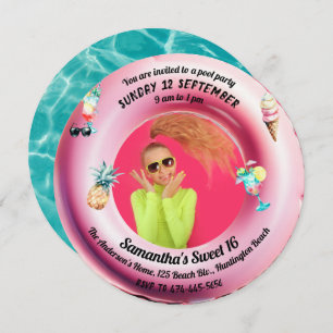 Pink Pool Party Cocktail Wasserfarbe Süß 16 Foto Einladung