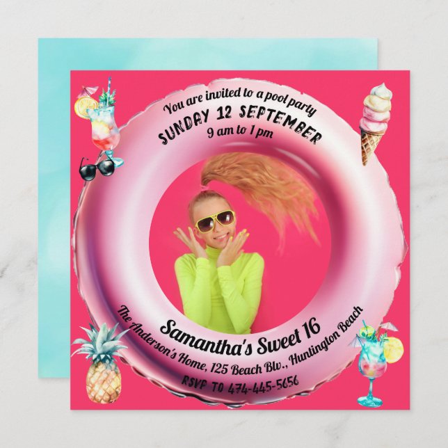 Pink Pool Party Cocktails Ananas Sweet 16 Foto Einladung (Vorne/Hinten)