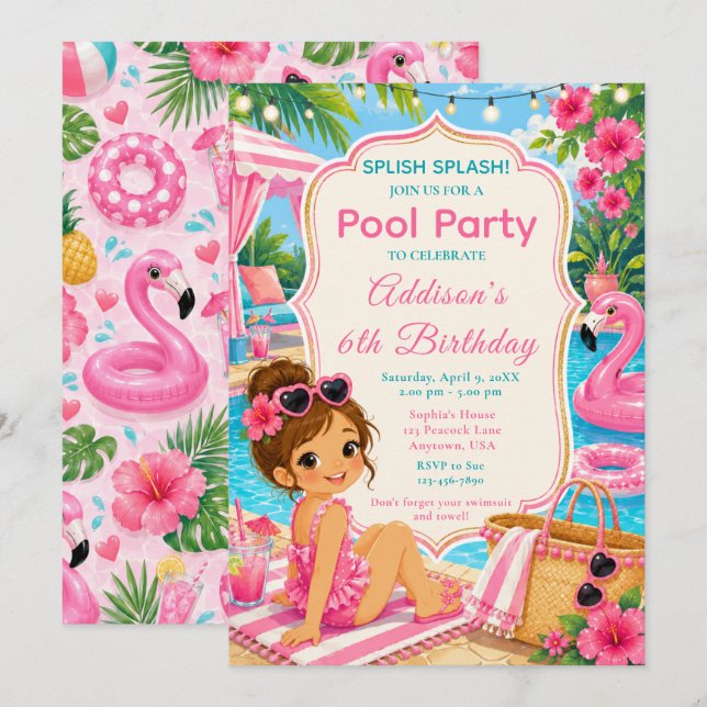 Pink Pool Party Mädchen Geburtstag Einladung (Vorne/Hinten)